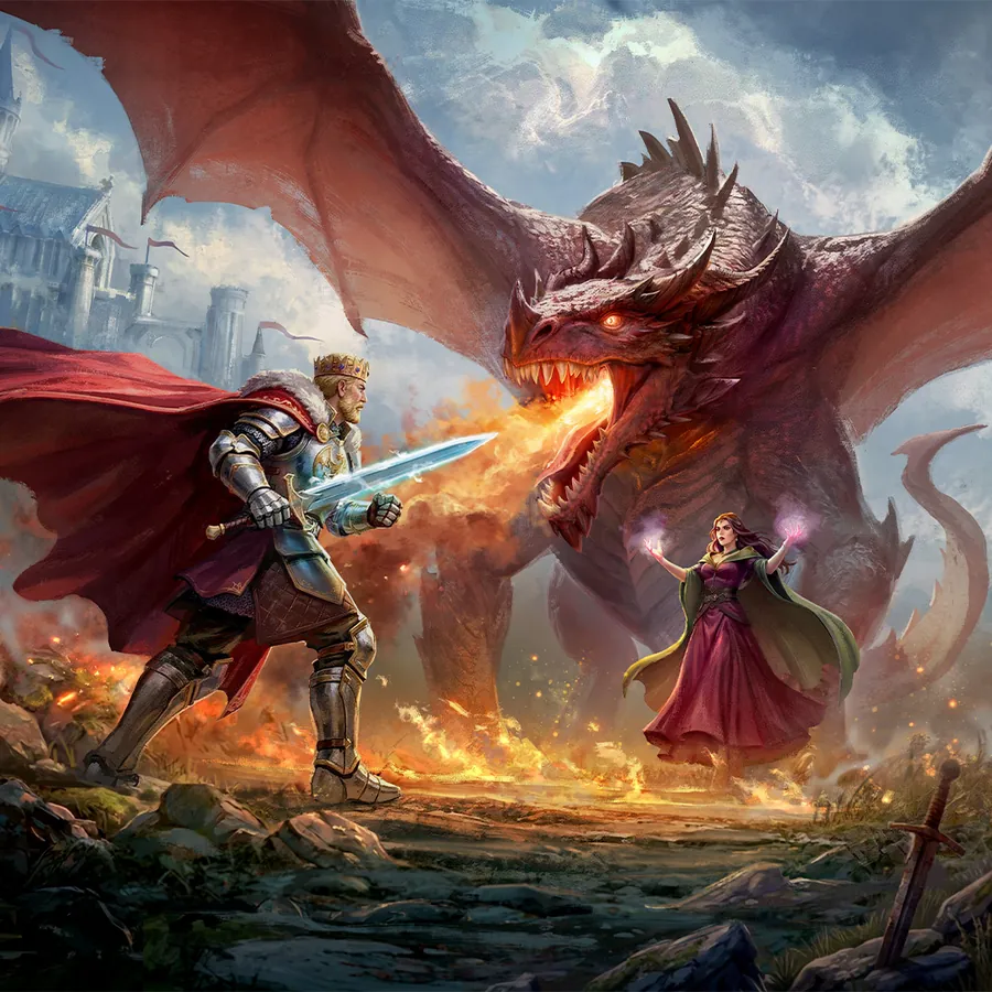 Game art: a crowned knight facing a fire-breathing dragon