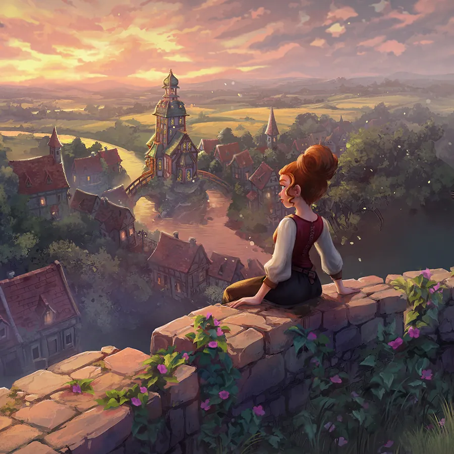 Game art: a girl on a stone wall looking out over a town at sunset