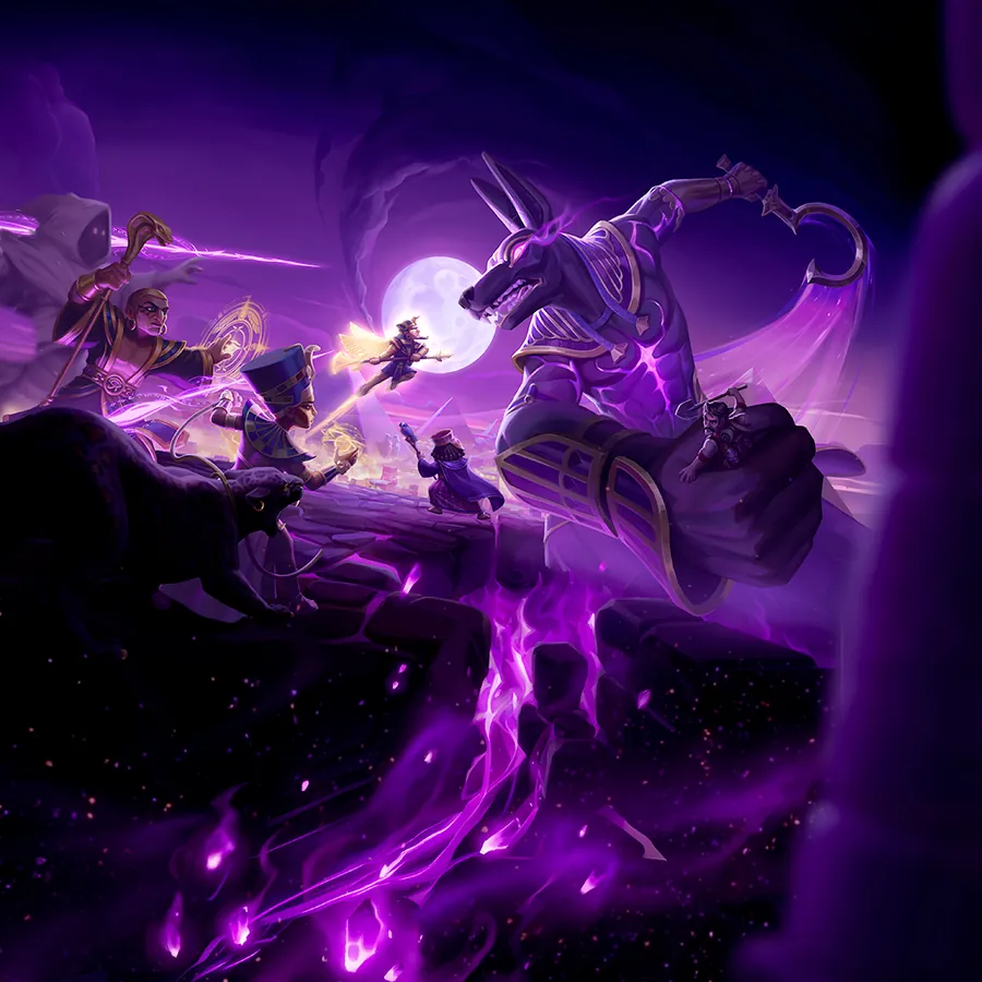 Game art: heroes battling a giant jackal-headed guardian under a purple moon