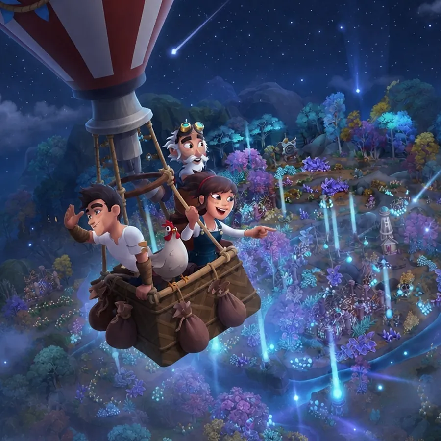 Game art from Sunrise Village: explorers waving from a hot-air balloon at night