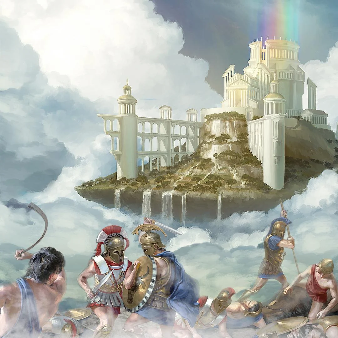 The floating temples of Olympus above a Grepolis battlefield