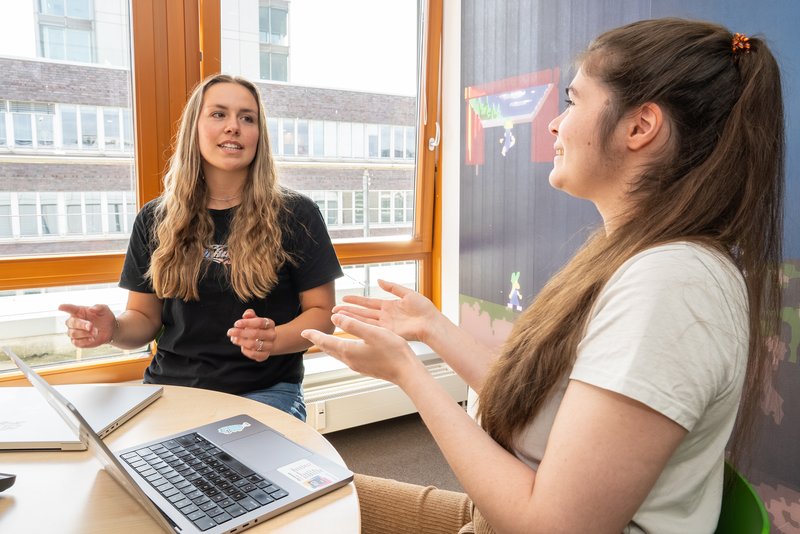 Two colleagues discussing an idea at a desk