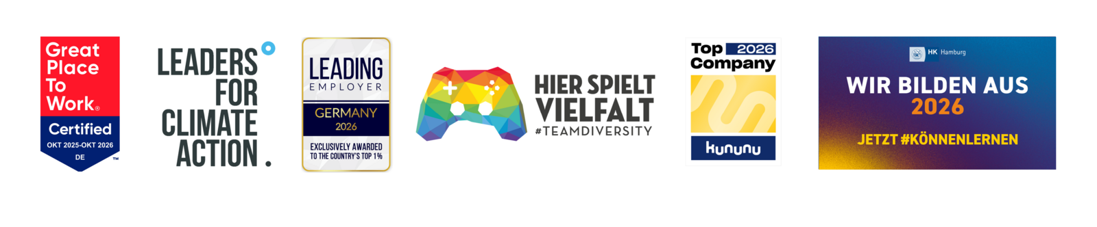 Great Place to Work, Leaders for Climate Action, Leading Employer Germany, Hier spielt Vielfalt, kununu Top Company and Wir bilden aus 2026 seals