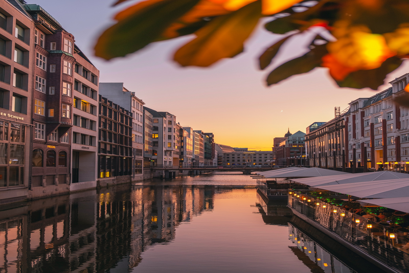 The Speicherstadt warehouse district at sunset