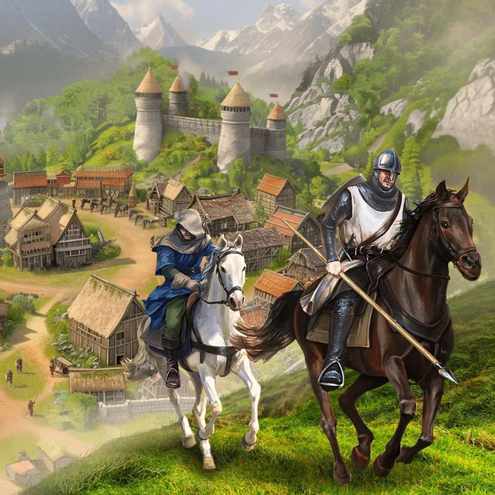 Game art from Tribal Wars: two riders on horseback above a medieval village