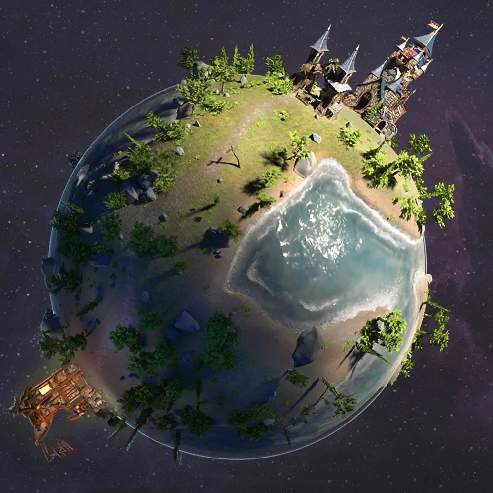 A small planet with a castle, a lake and a harbour floating in space