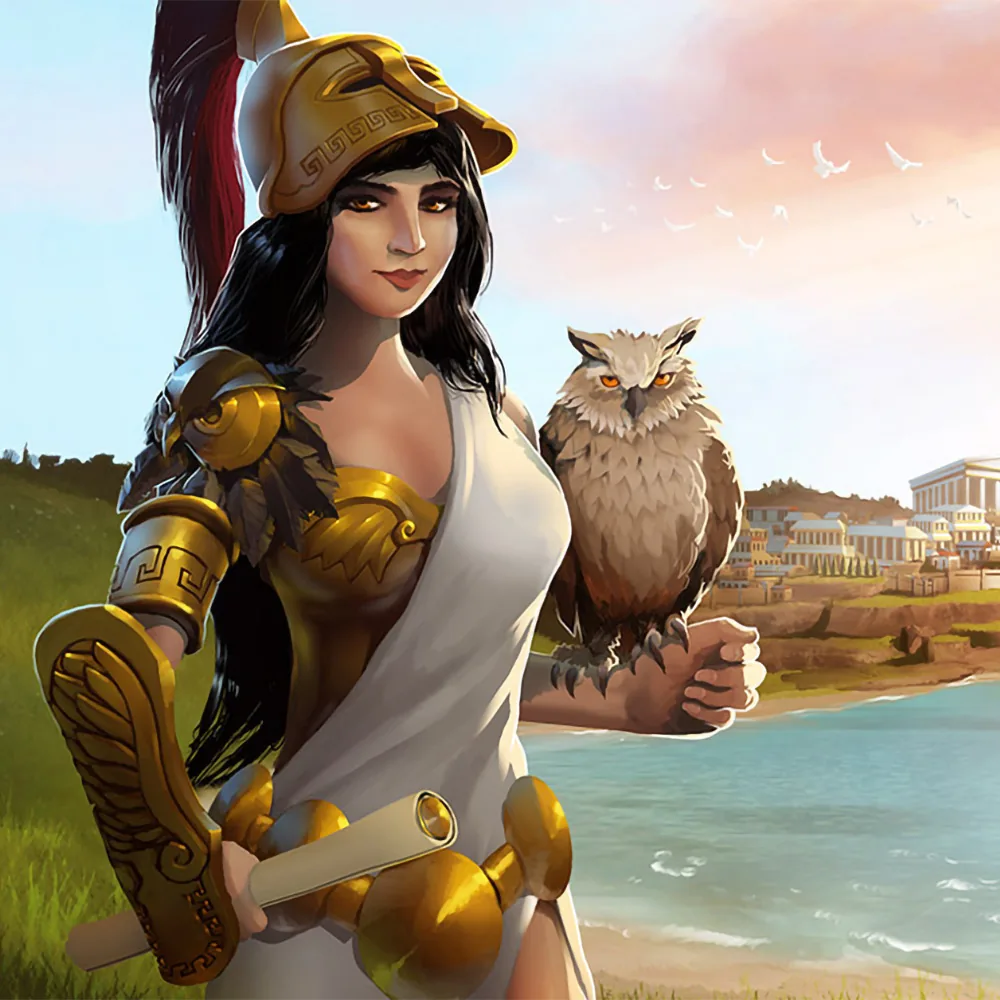 Game art from Grepolis: the goddess Athena with her owl above an ancient Greek city by the sea