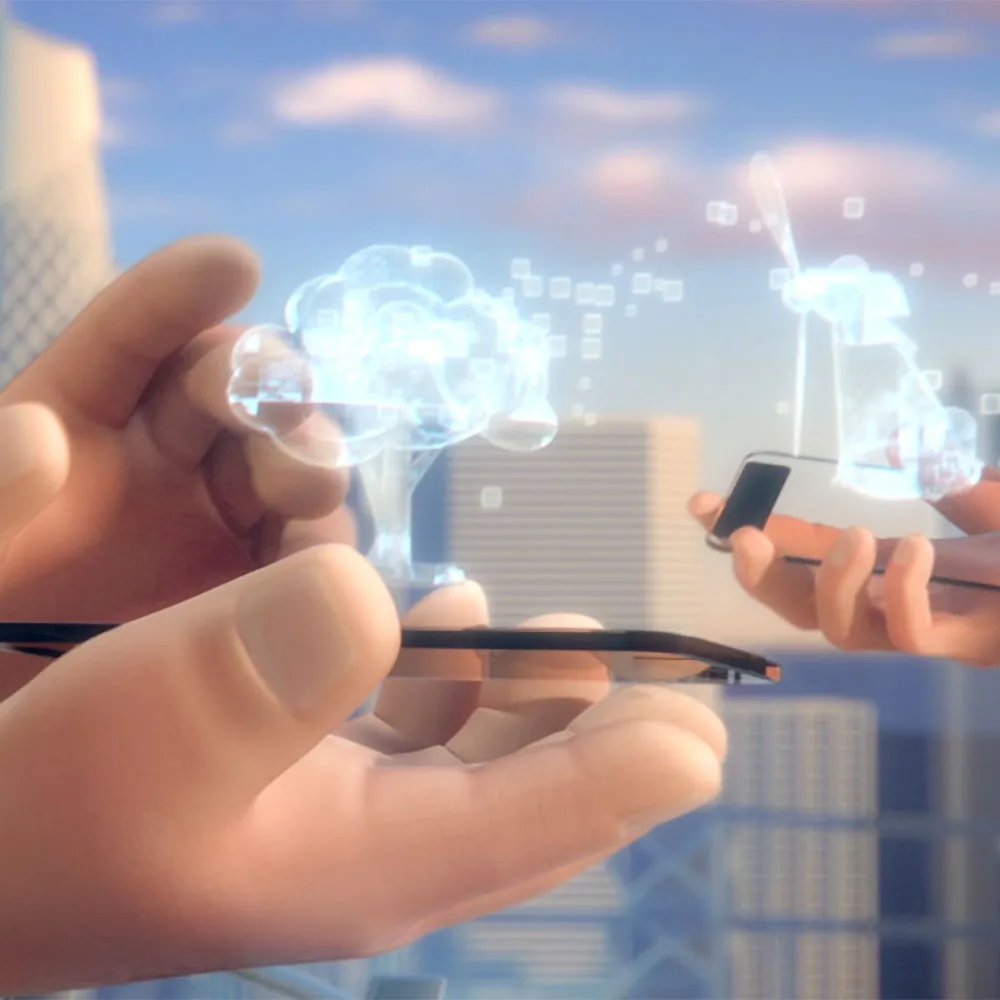 Two hands holding smartphones with holographic buildings above a city skyline